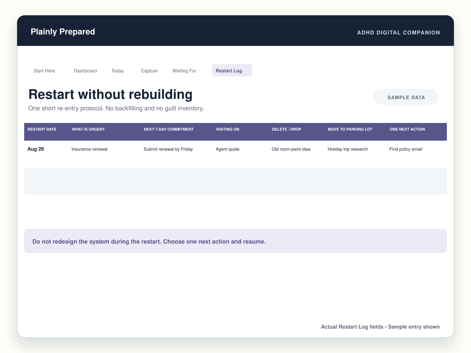 Restart Log view showing urgent work, a seven-day commitment, items to drop, and one next action