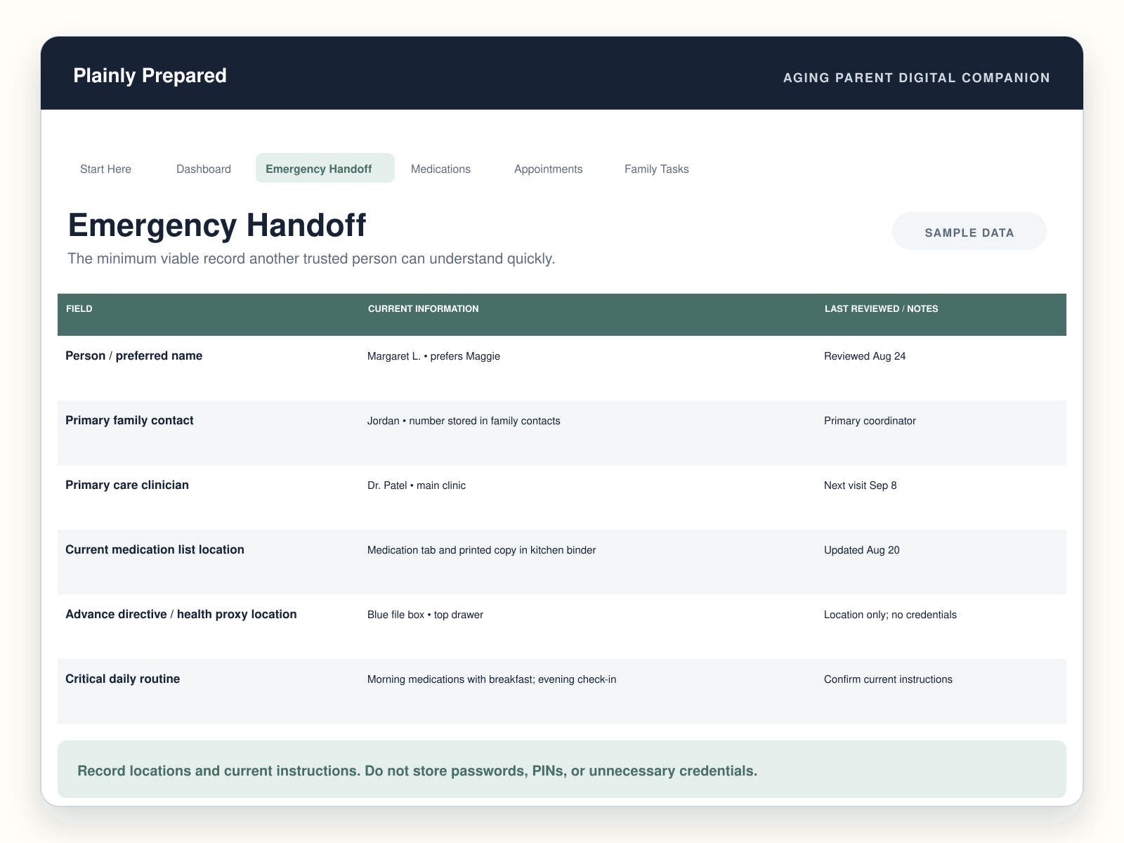 Emergency Handoff view showing current contacts, clinician, medication-list location, document location, and routine