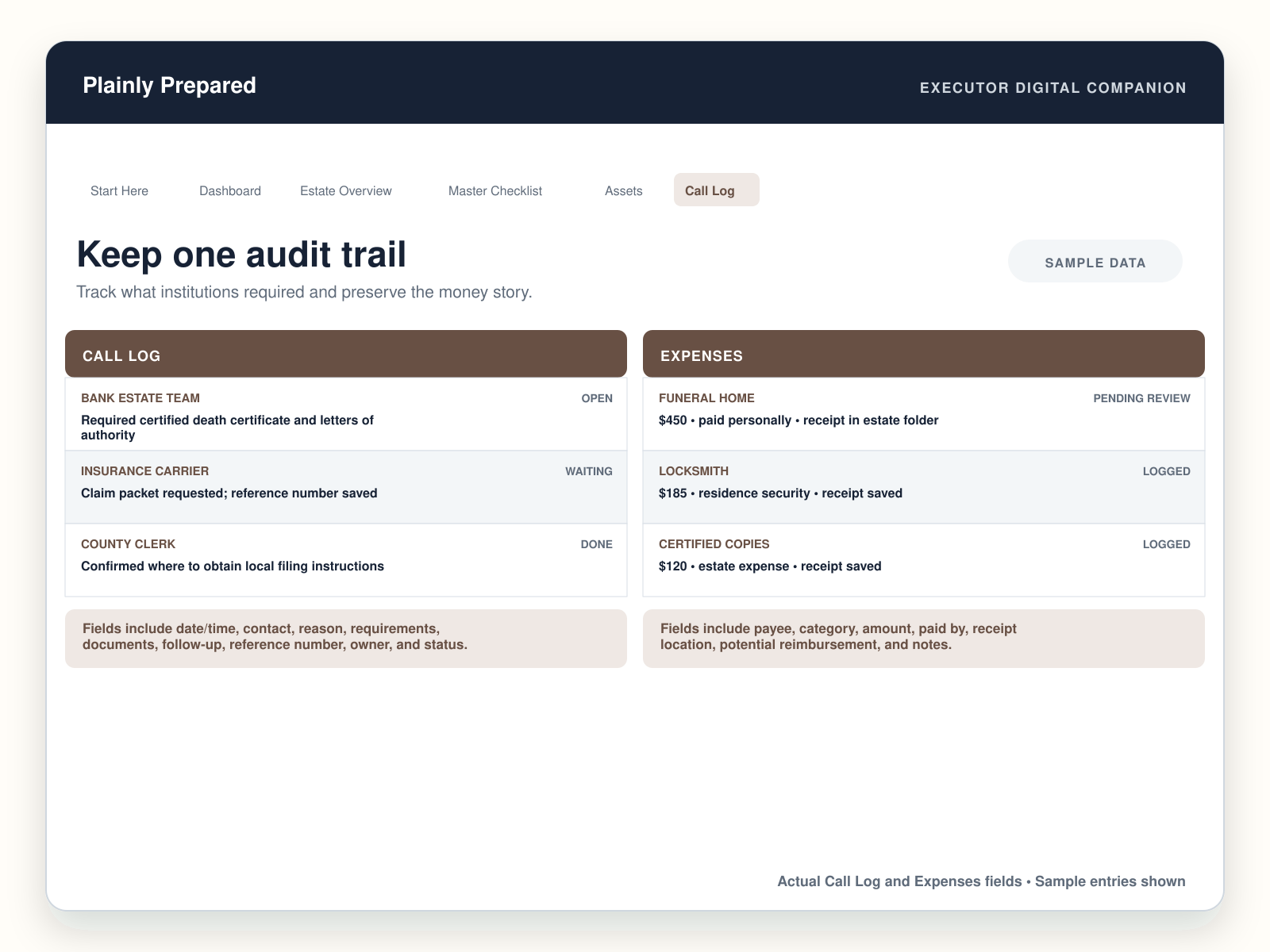 Executor Call Log and Expenses views preserving requirements, reference details, payments, and receipts