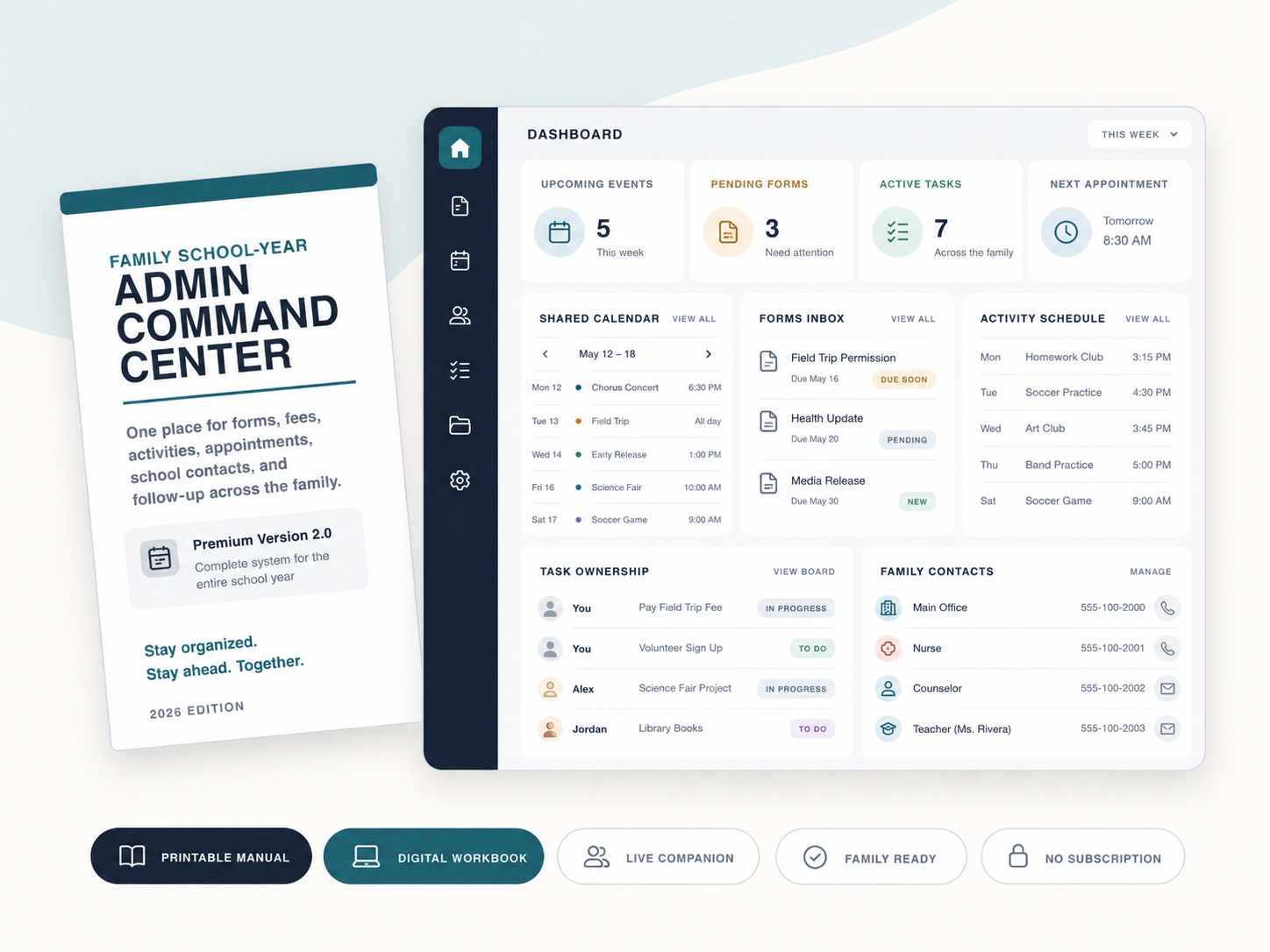 Family School-Year Admin Command Center manual and digital dashboard